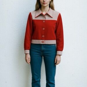 Vintage 60’s Mod Cropped Button Front Jacket in Red & White | Size 6/8